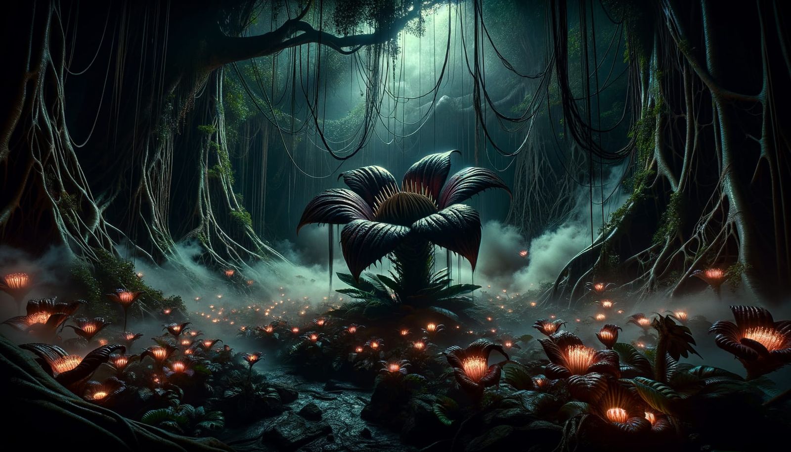 Dramatic Jungle Nightscape with Sentient Vines