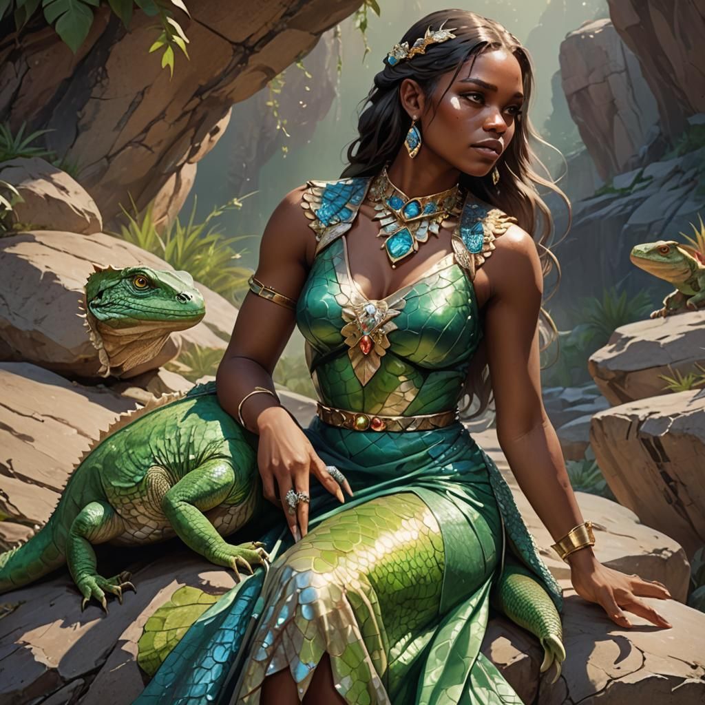 Lizard Girl Portrait in Flowy Dress