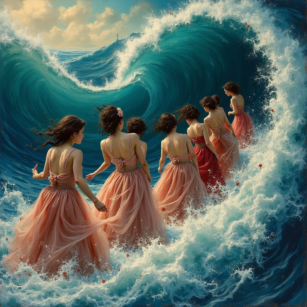 Victorian Women Swept Away by Whimsical Tidal Wave in Dark, ...