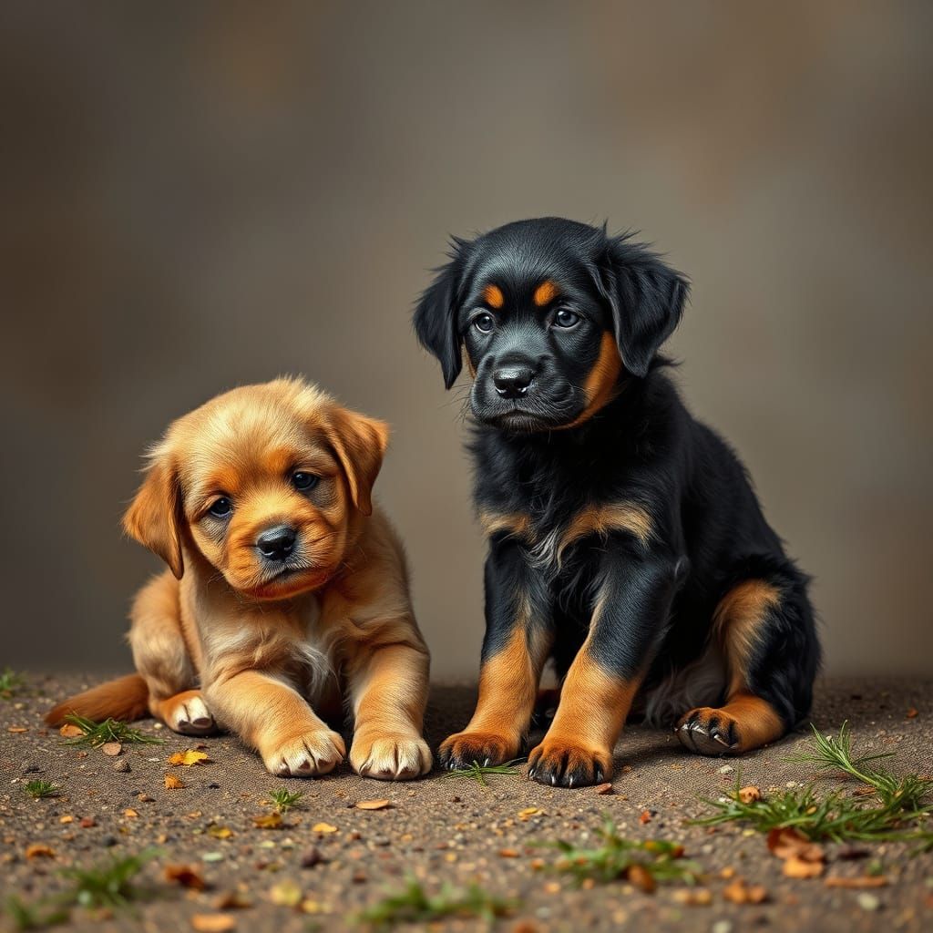 Cute Black Puppy Dogs at Play in Green Meadows