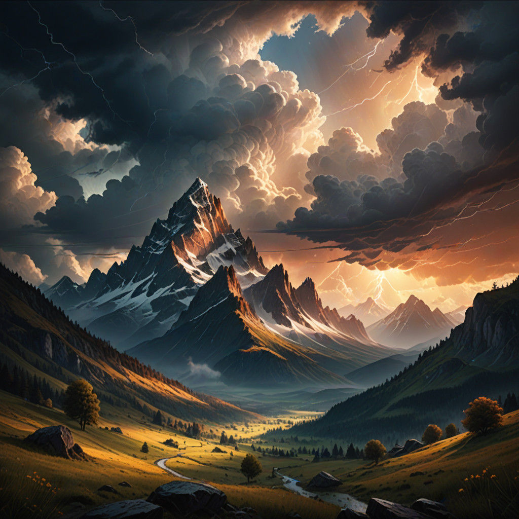 Glowing Snow-Capped Peaks in Morning Light, Gouache Style