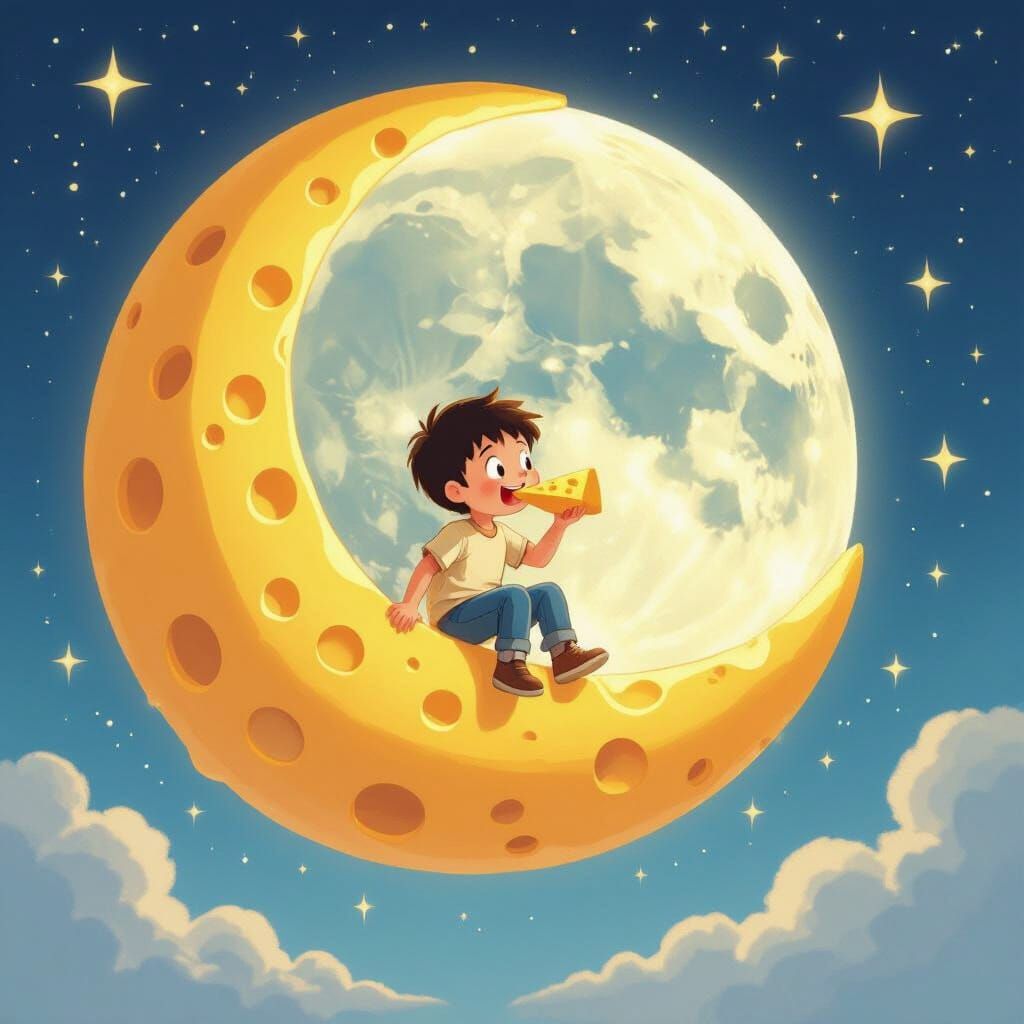 Boy Eats Glowing Cheese Moon in Starry Sky