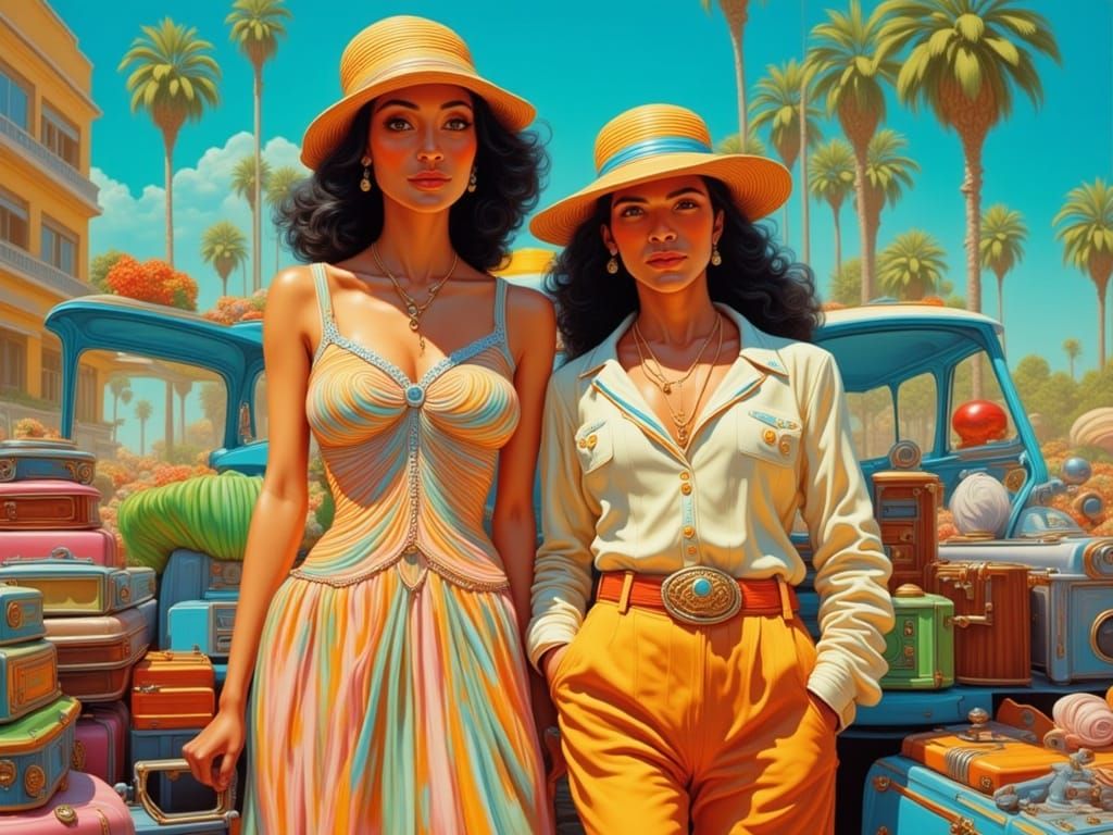 Adra and Alda's Seventies Road Trip in Concept Art Style