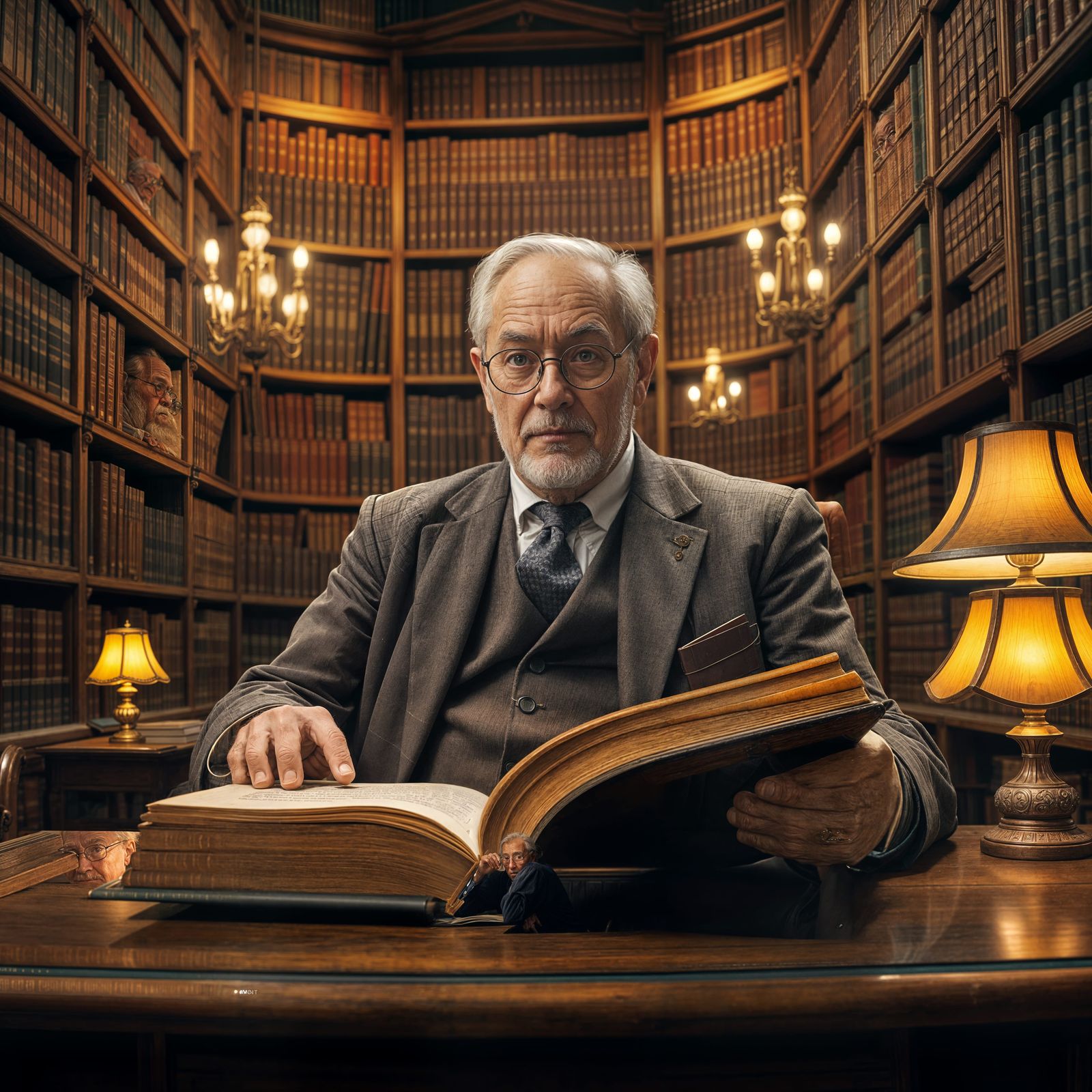 Elderly Gentleman Studies Ancient Tomes in a Cozy Library St...