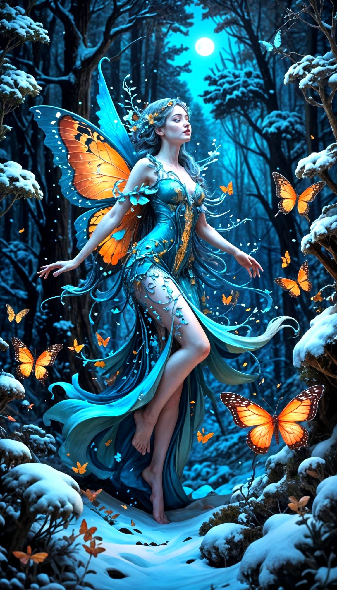 Enchanting Winter Fairy in Moonlit Forest Digital Painting