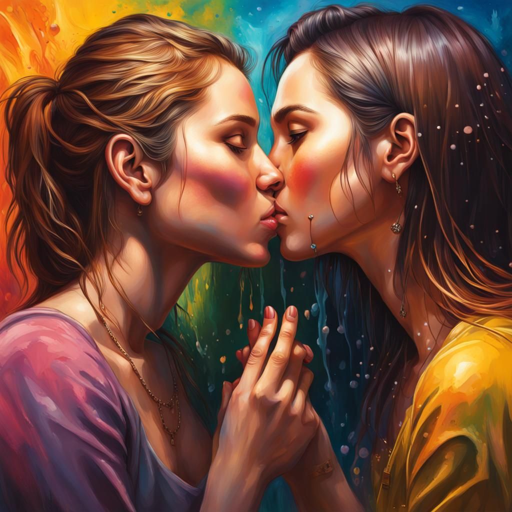 Hyperrealistic Splash Art of Two Girls Kissing