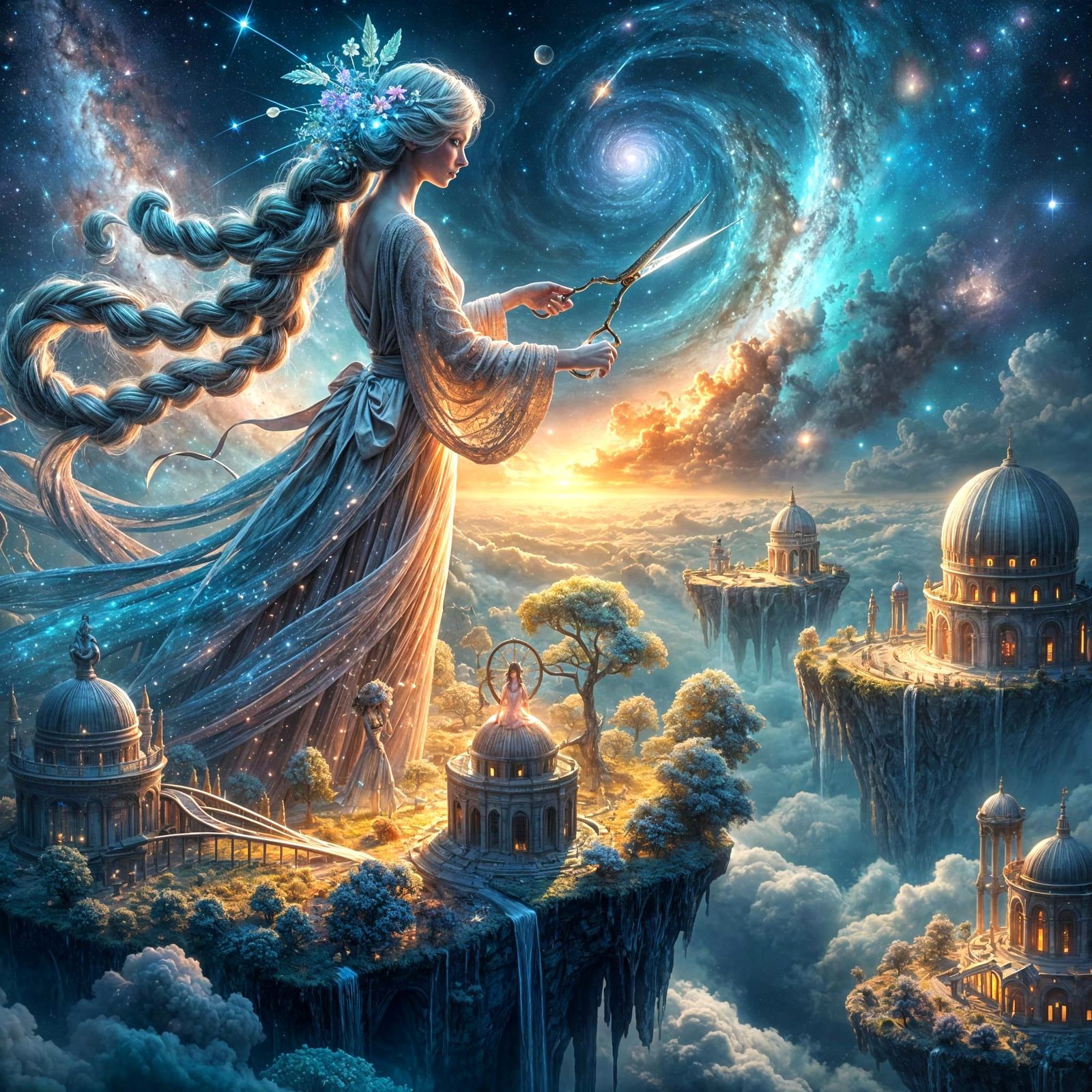 Celestial Botanist Pruning Cosmic Flowers in Nouveau Style