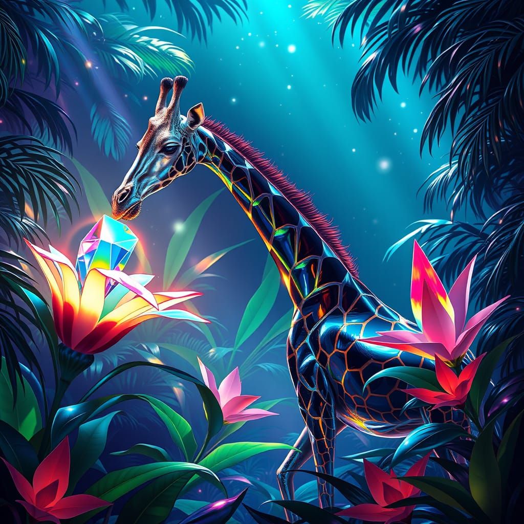 Chrome Giraffe in Bioluminescent Jungle, Art Deco Style