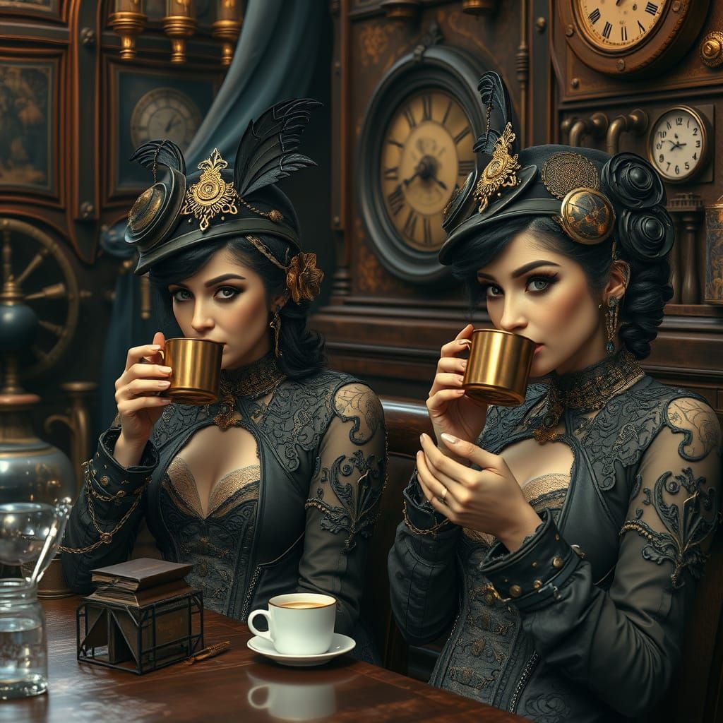 Steampunk Women in a Vintage Coffeehouse