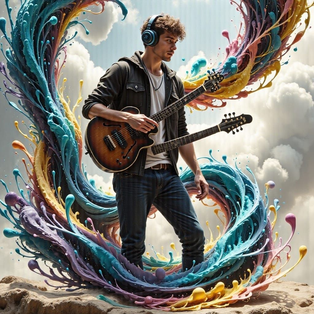 Man Surrounded by Musical Notes and Guitars