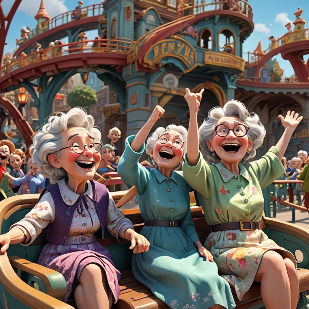 Laughing Old Ladies on Roller Coaster: Pixar Style