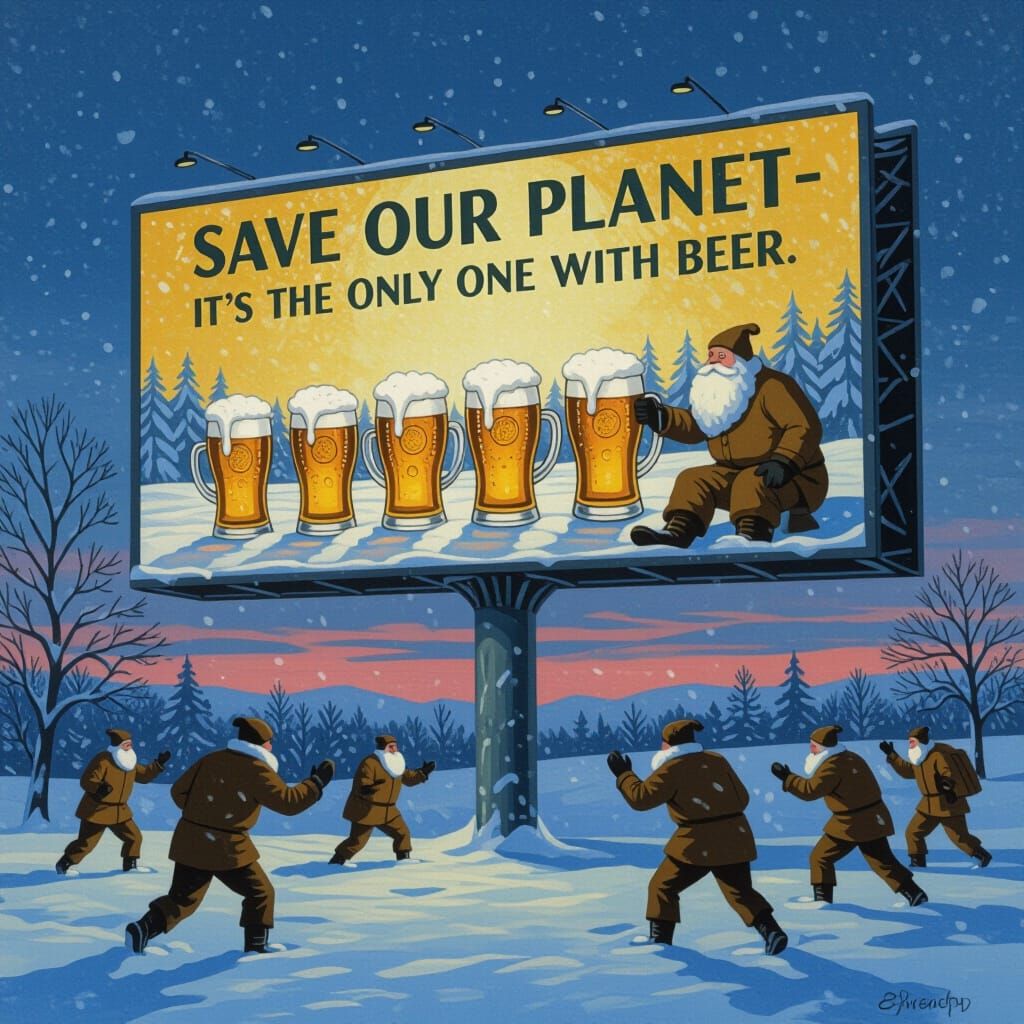 Humorous Jugendstil Billboard: Save Our Planet, Drink Beer