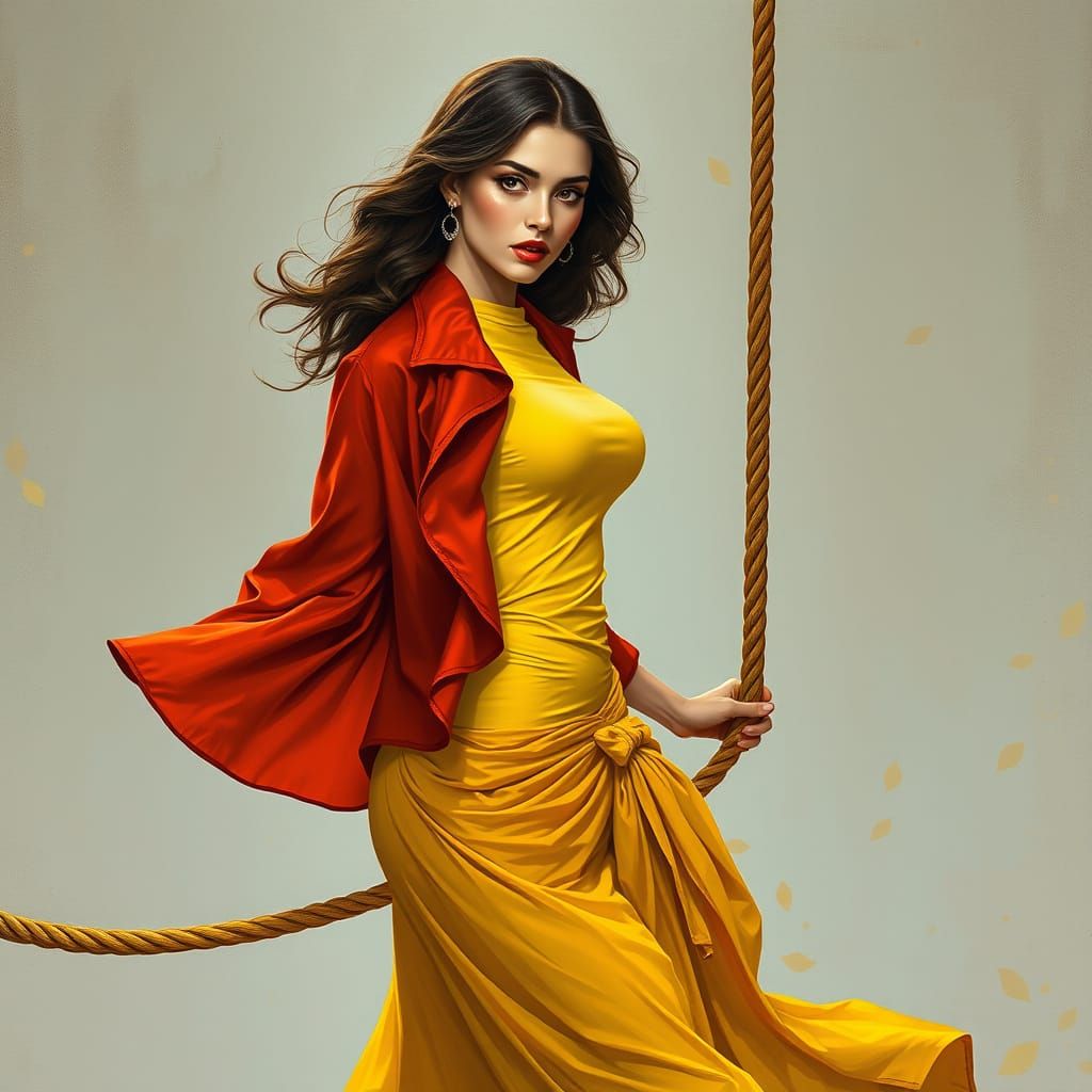 Elegant Woman Walks a Tightrope in Art Nouveau Style