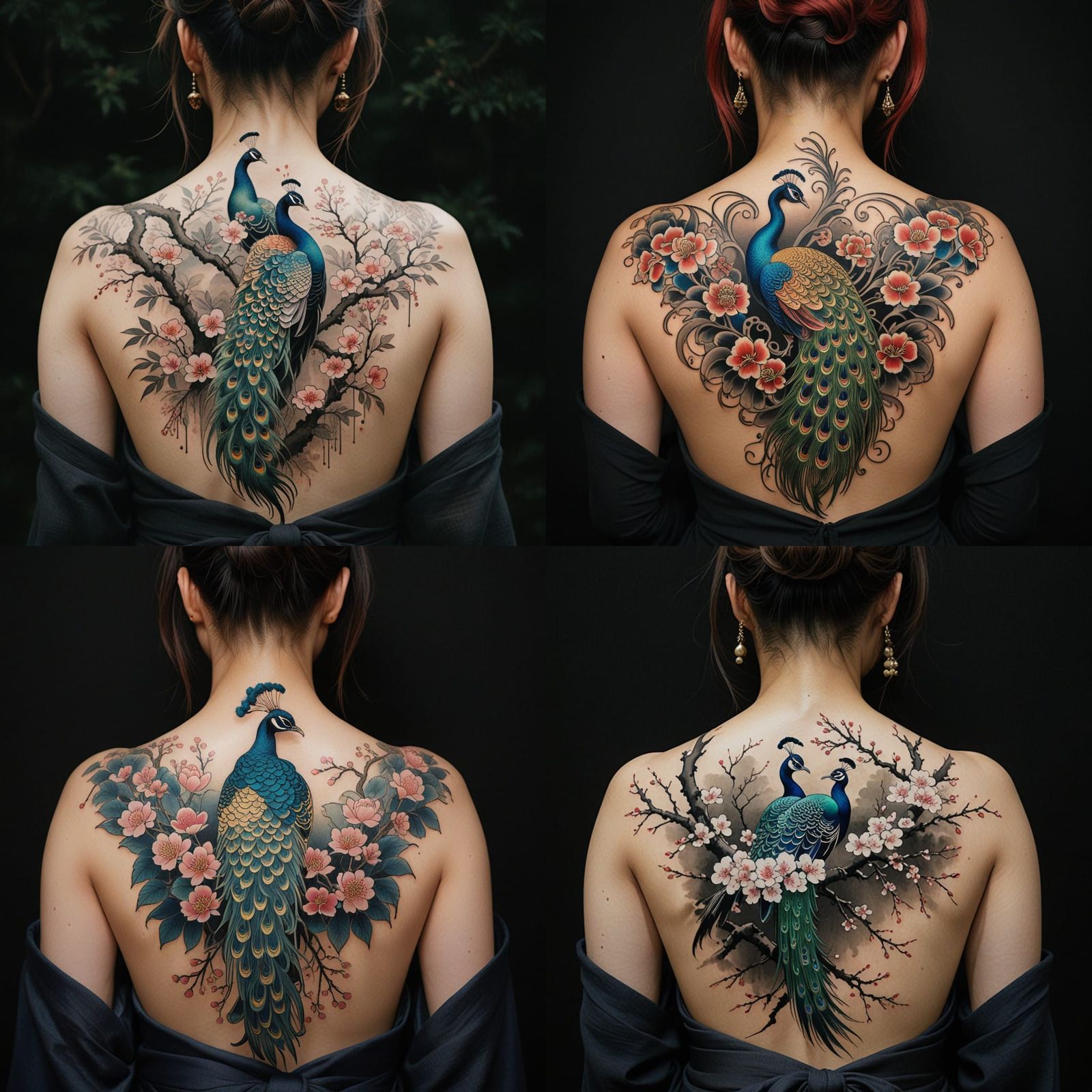 Woman with a Japanese-Style Peacock Tattoo on Her Back