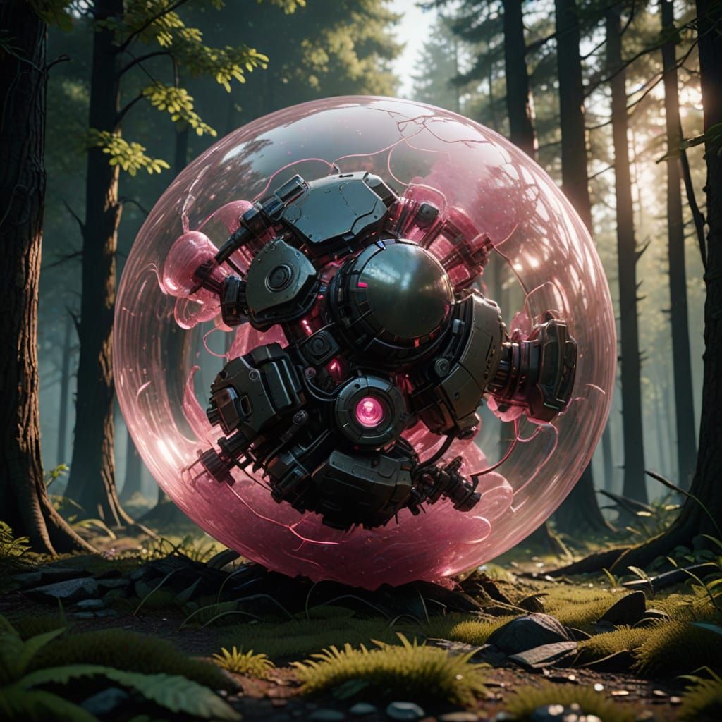 Giant Pink Bubble of Chewing Gum in Cyberpunk Woods