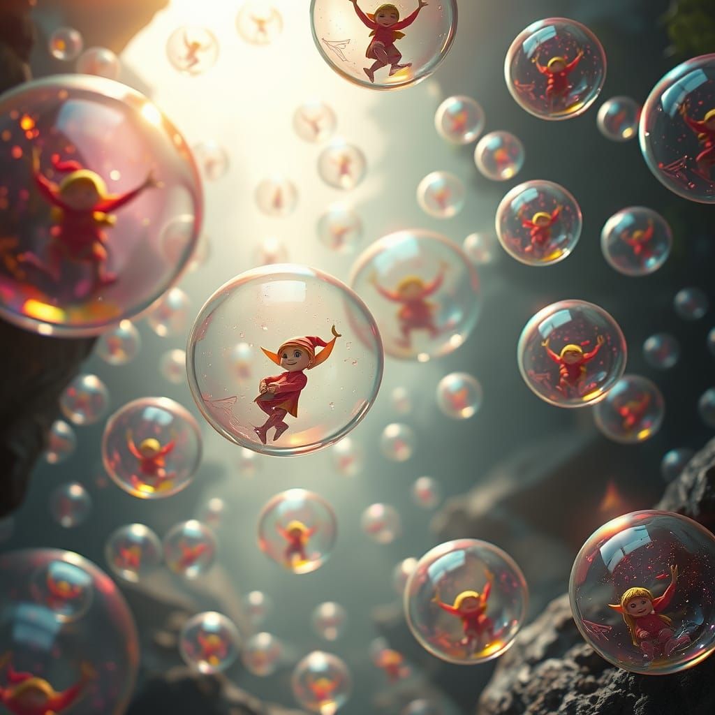 Elves in Bubbles: Hyperrealistic Whimsical Scene