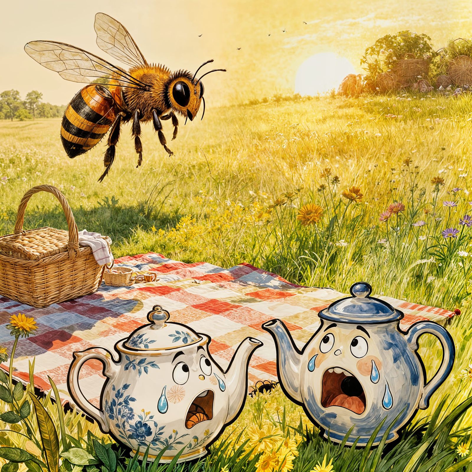Scary Hornet Hovers Over Terrified Teapots in Meadow