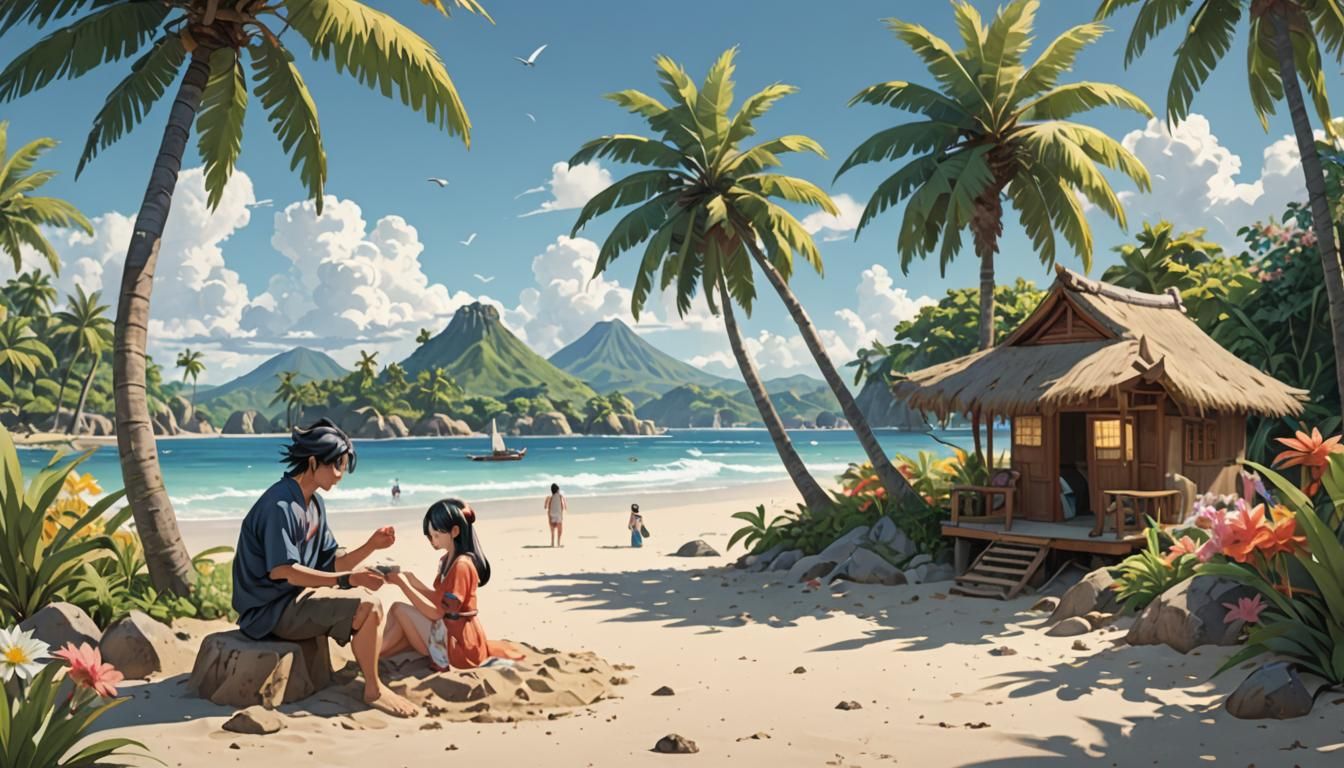 Tropical Island Sandcastle Scene in Ukiyo-e CGI