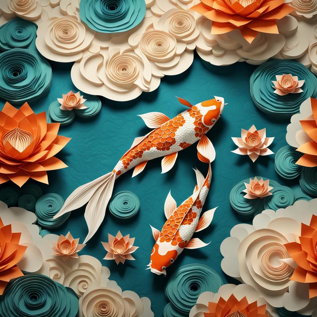 Paper Fractal Koi Pond in Hokusai Style