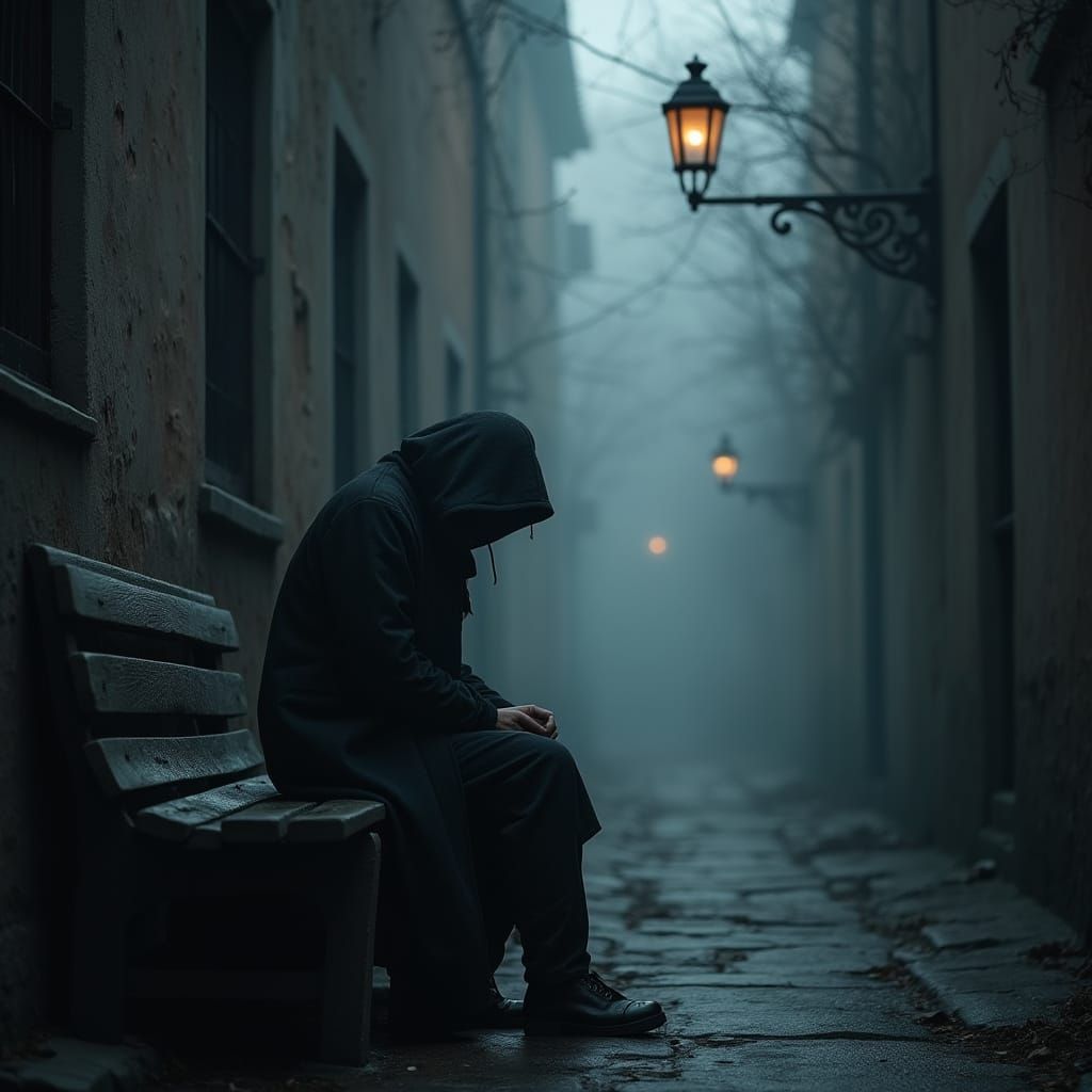 Solitary Figure in Misty Alley at Dusk