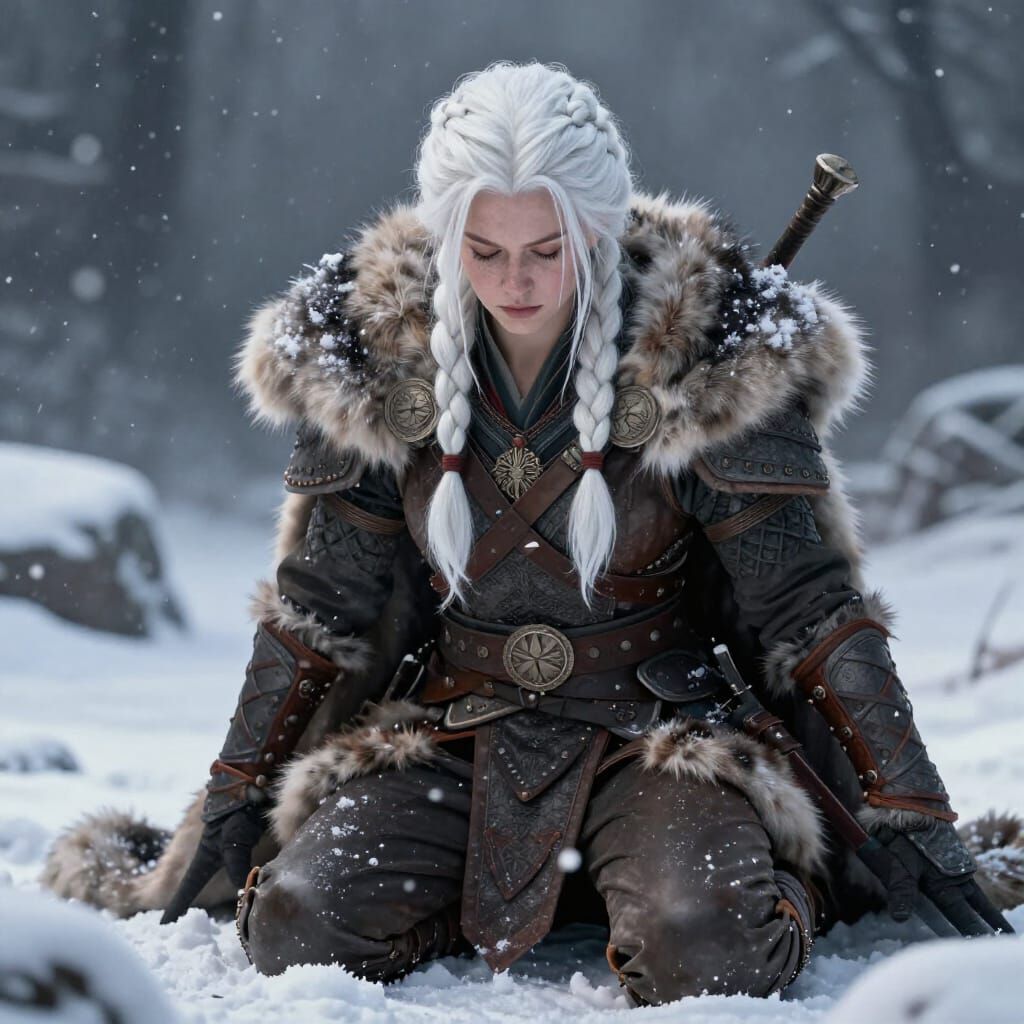 Viking Warrior Woman Kneeling in Snowstorm