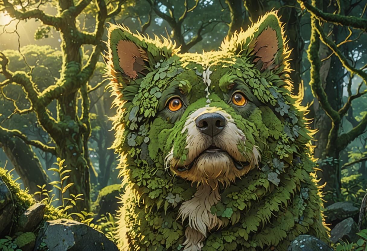 Lichen Dog in Golden Light: Ghibli Anime Style