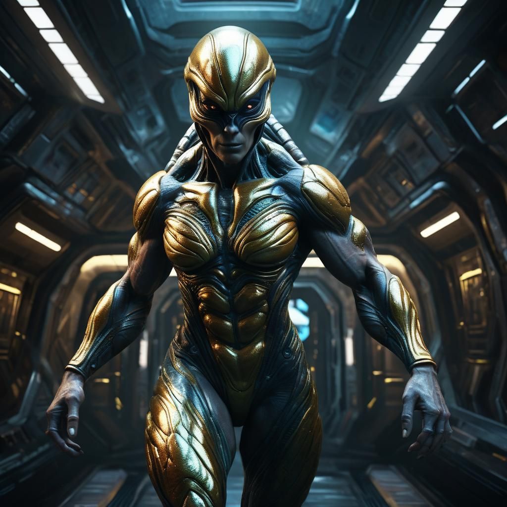 Female Alien Bodybuilder Exits Spaceship: Concept Art
