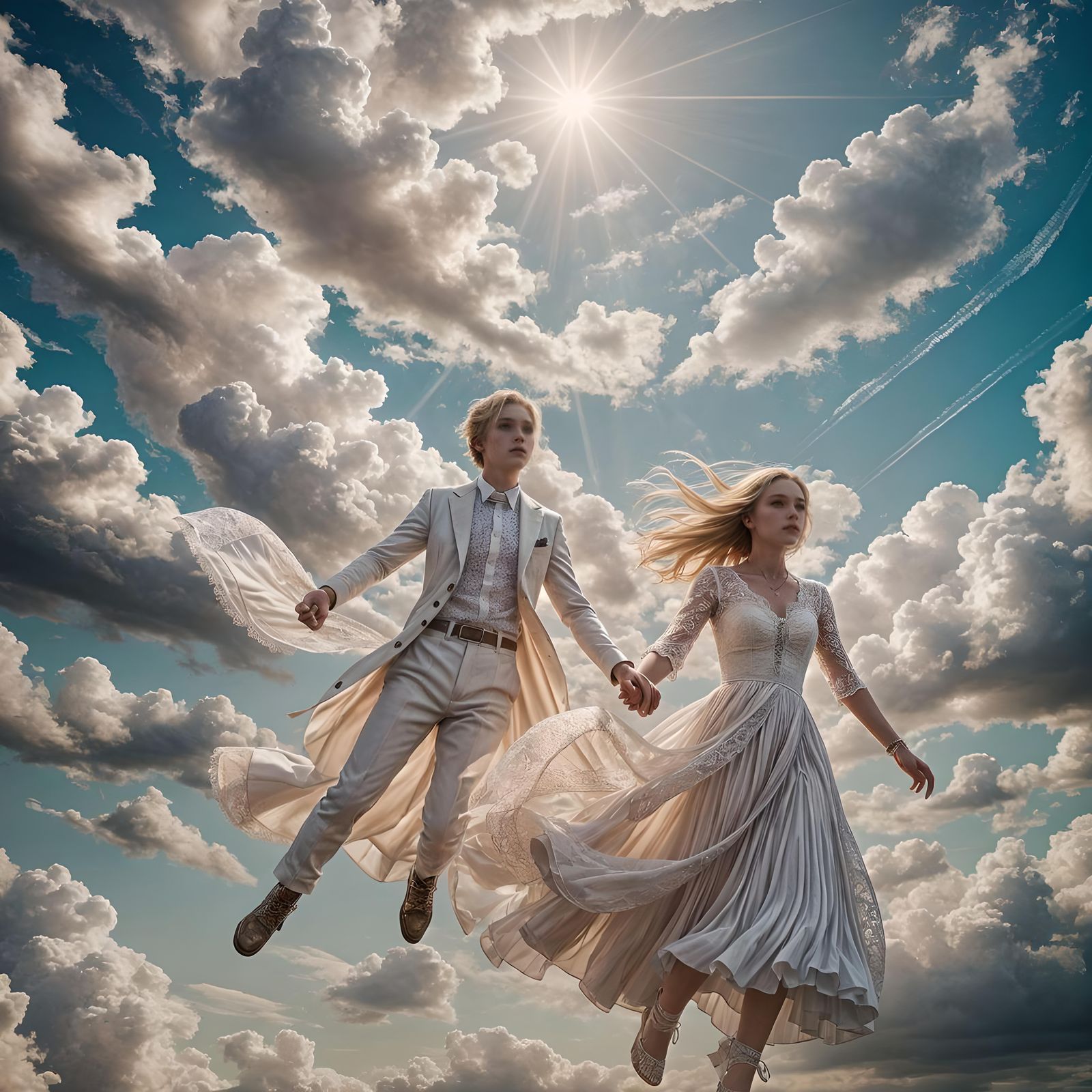 Teenage Couple Fly in Sky in Detailed Digital Art
