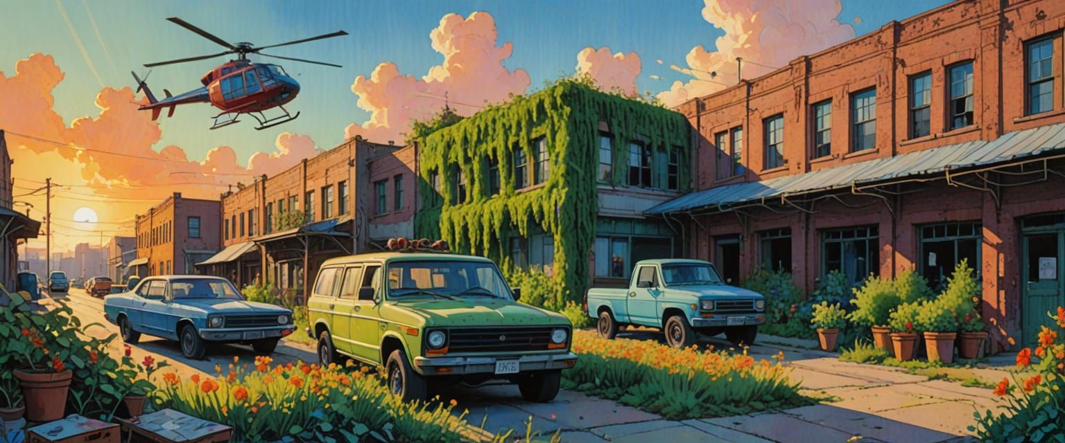 Bright Morning Sunlight Over Abandoned Warehouses with Vibra...