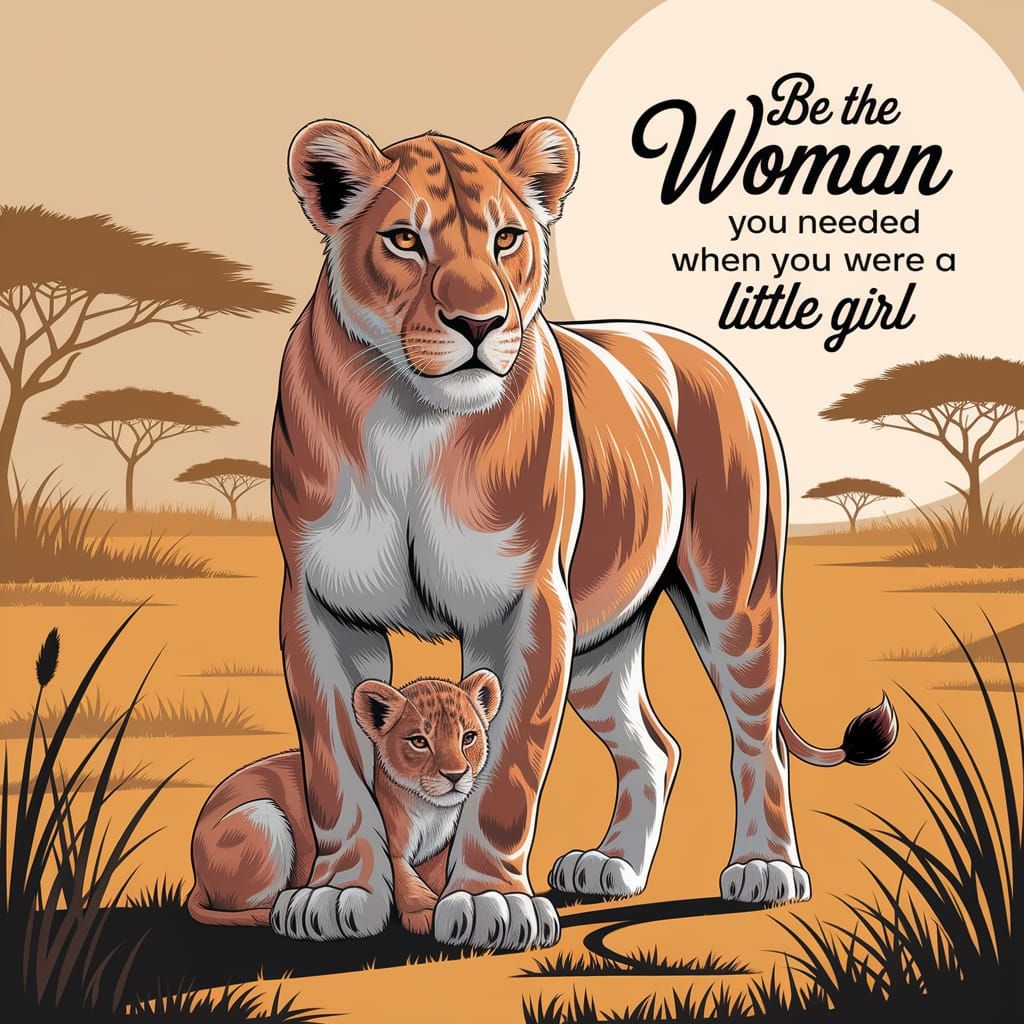 Lioness Protects Cub in Golden Savanna Sunset