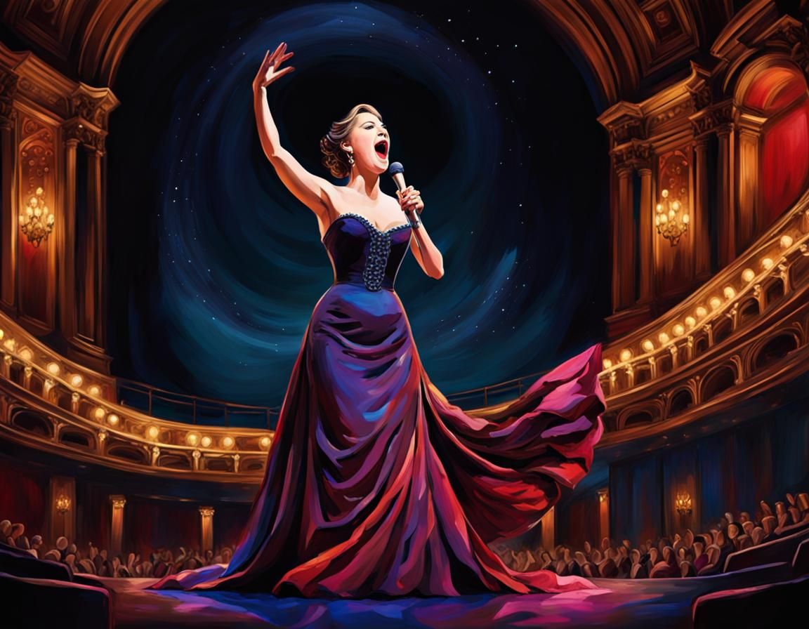 Night at the Opera, an opera female singer singing an aria ,night at the opera, Deep rich colors, vivid intense colors, ...