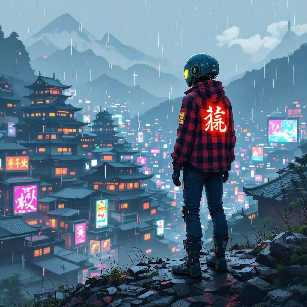 Robot Teenager Overlooks Anime Town in Art Nouveau Style