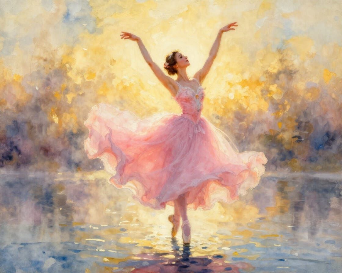 Coral Dancer in Pink Dress, Golden Hour Ballet Painting