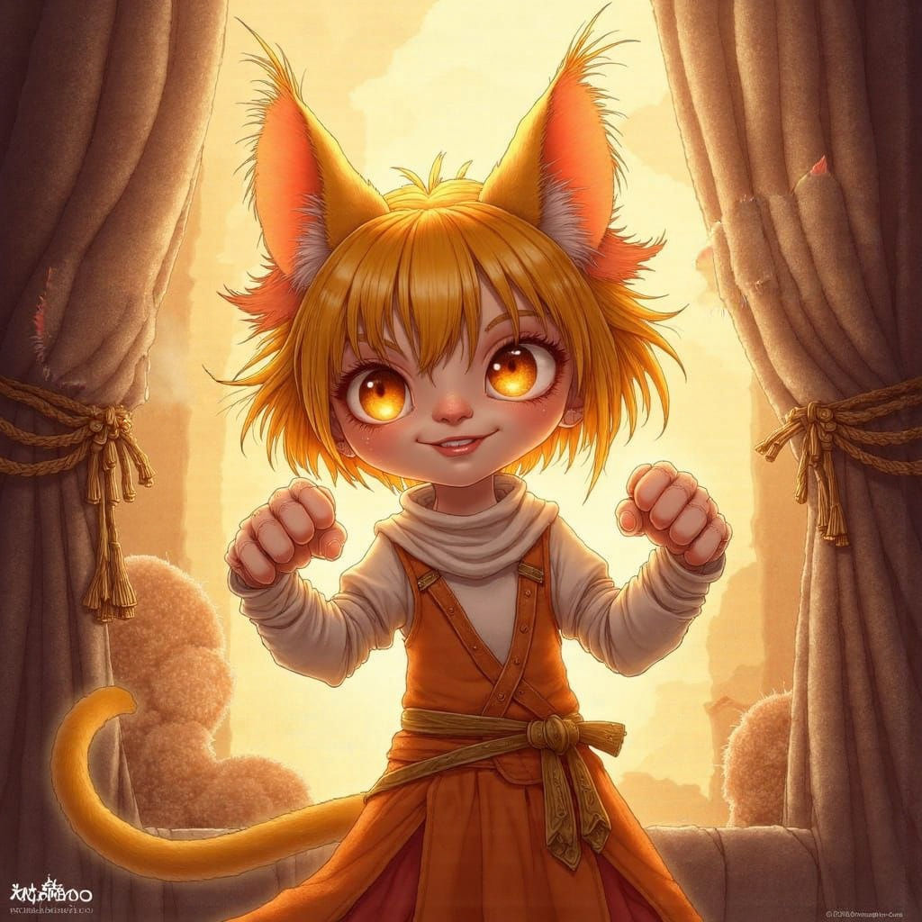 Whimsical Chibi Neco-Arc in a Dramatic Oil-Painted Scene