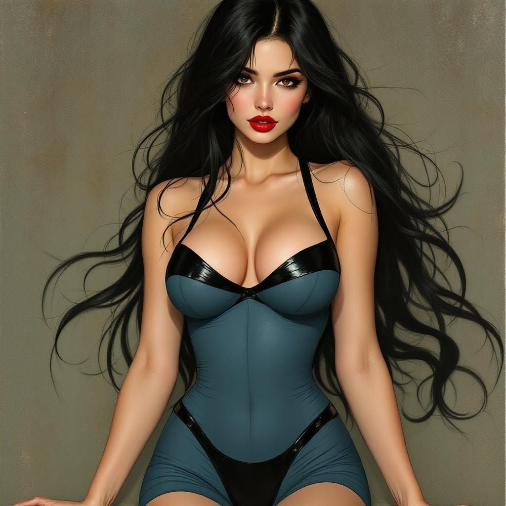 Black-Haired Beauty in Blue Dress, Art Nouveau Style