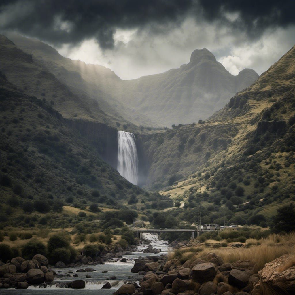 Hyperrealistic Waterfall and Mountain Landscape in HDR