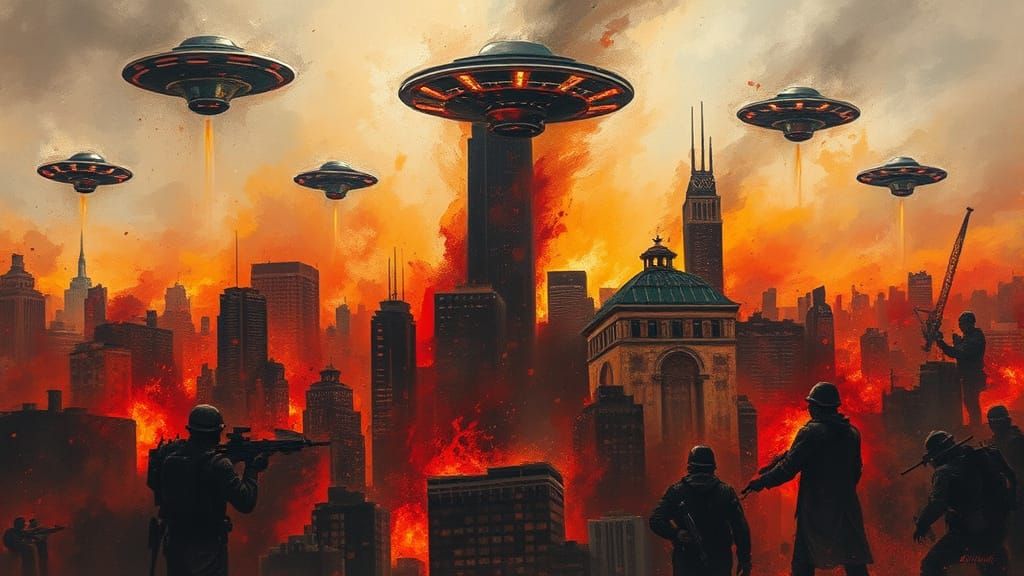 UFO Attack on Chicago as Palette Knife Oil Painting