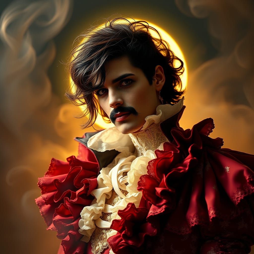 Flamboyant Figure in Baroque Attire, Futuristic Aesthetic