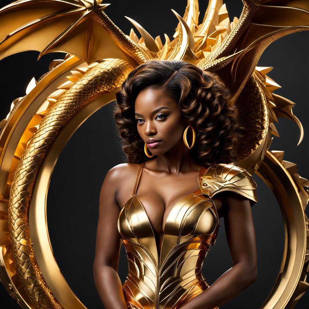 Crystal Dragon Guarding Woman in Gold, Sci-Fi Art