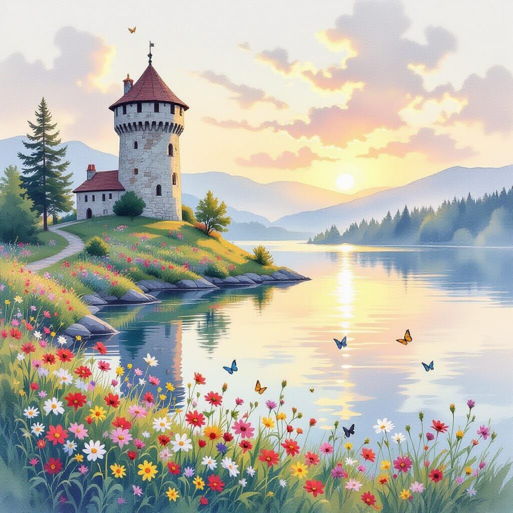 Medieval Watchtower Overlooking Lake in Watercolor Style