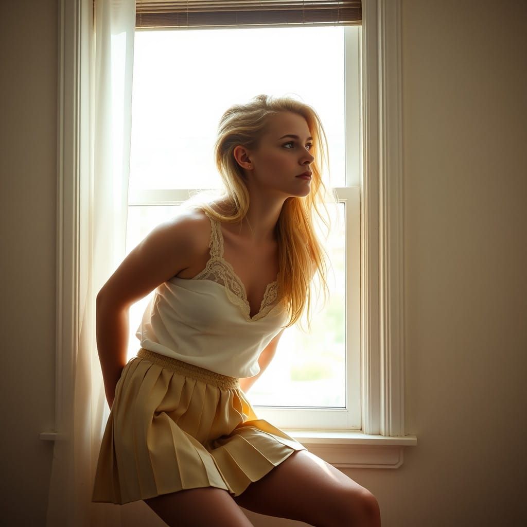 Masculine Model in Elegant Miniskirt and Flowing Blonde Hair...