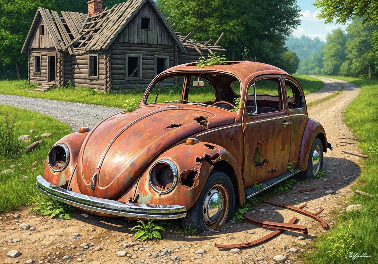 Wrecked Beetle: Surreal Oil Painting of Abandoned Car