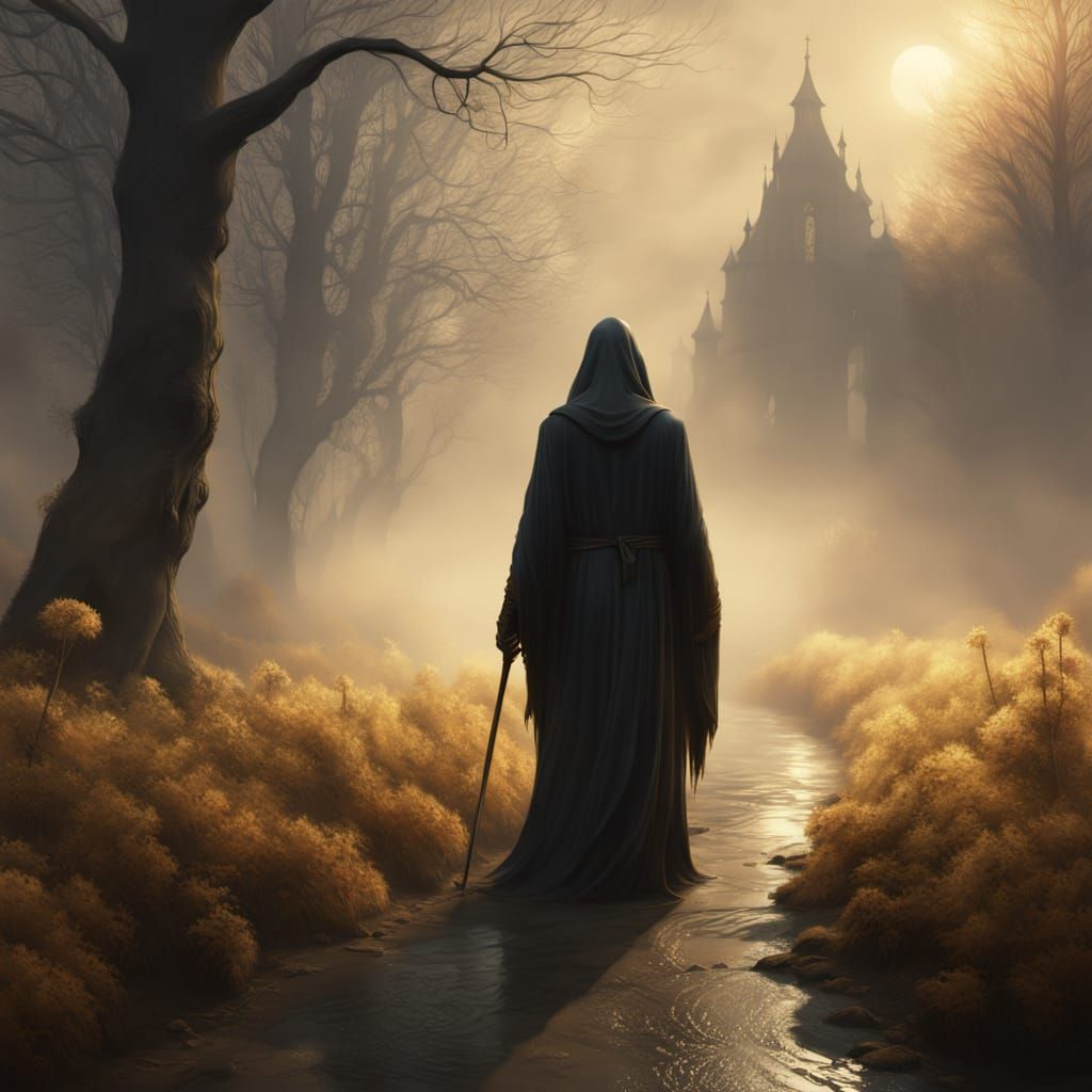 Gentle Grim Reaper Guides Child Through Ethereal Fog