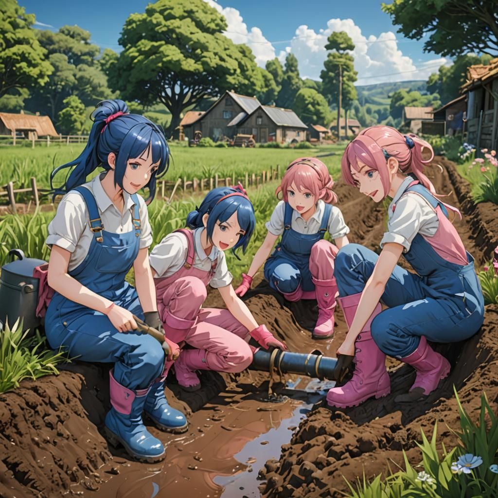 Anime Girls Laying Pipes on Farm as Concept Art
