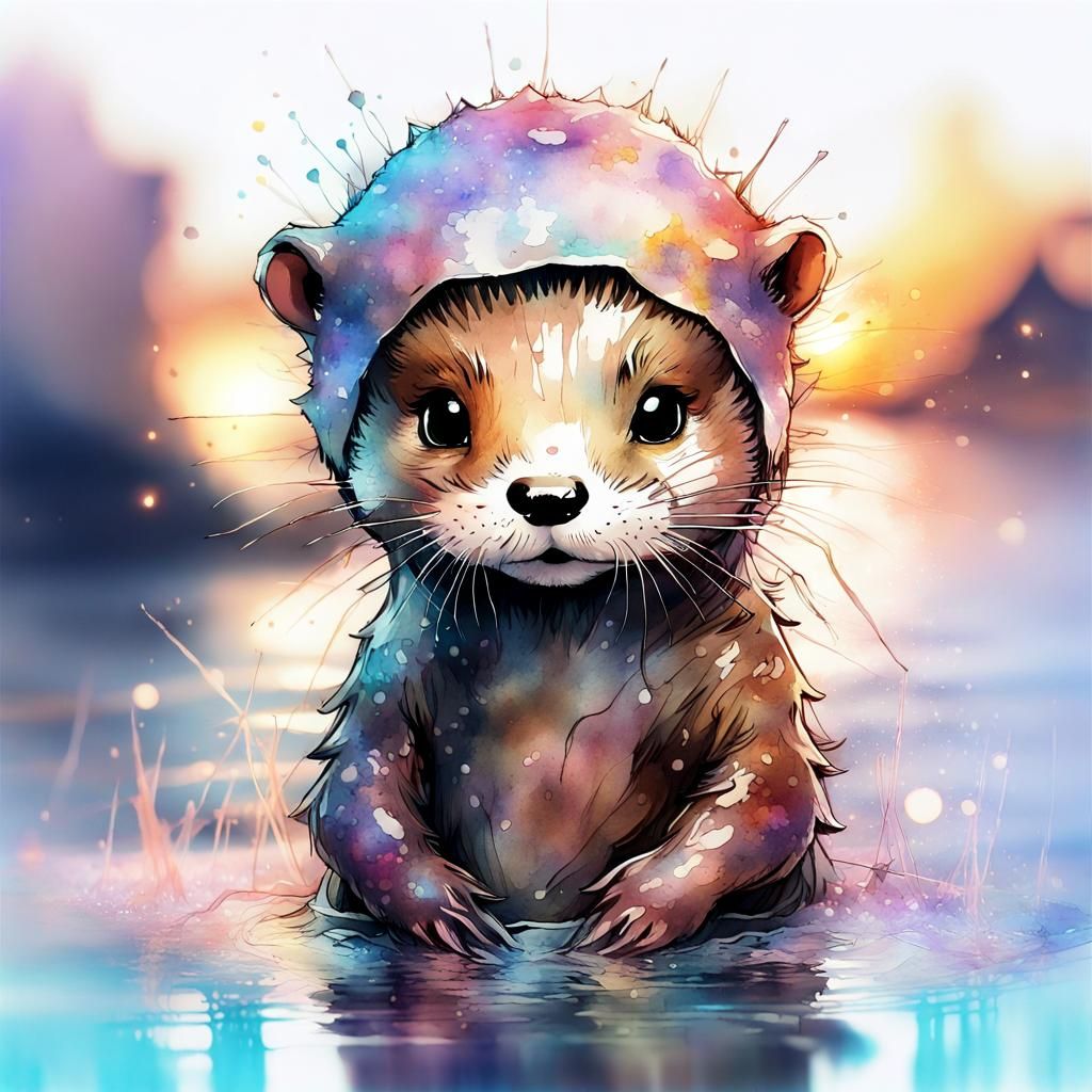Chibi Otter in Watercolor Sunset Fantasyscape