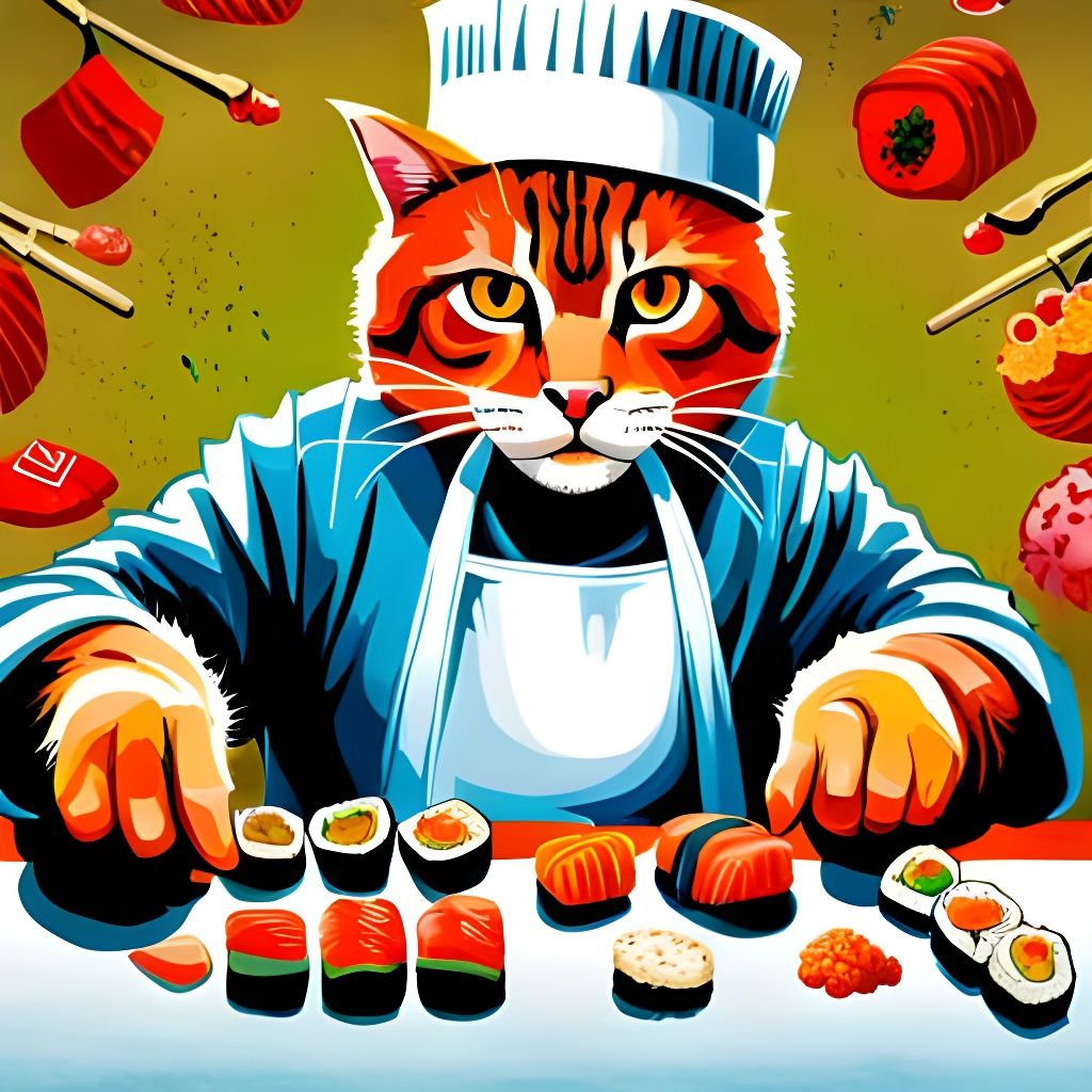 Sushi Chef Cat Portrait in Digital Art Style