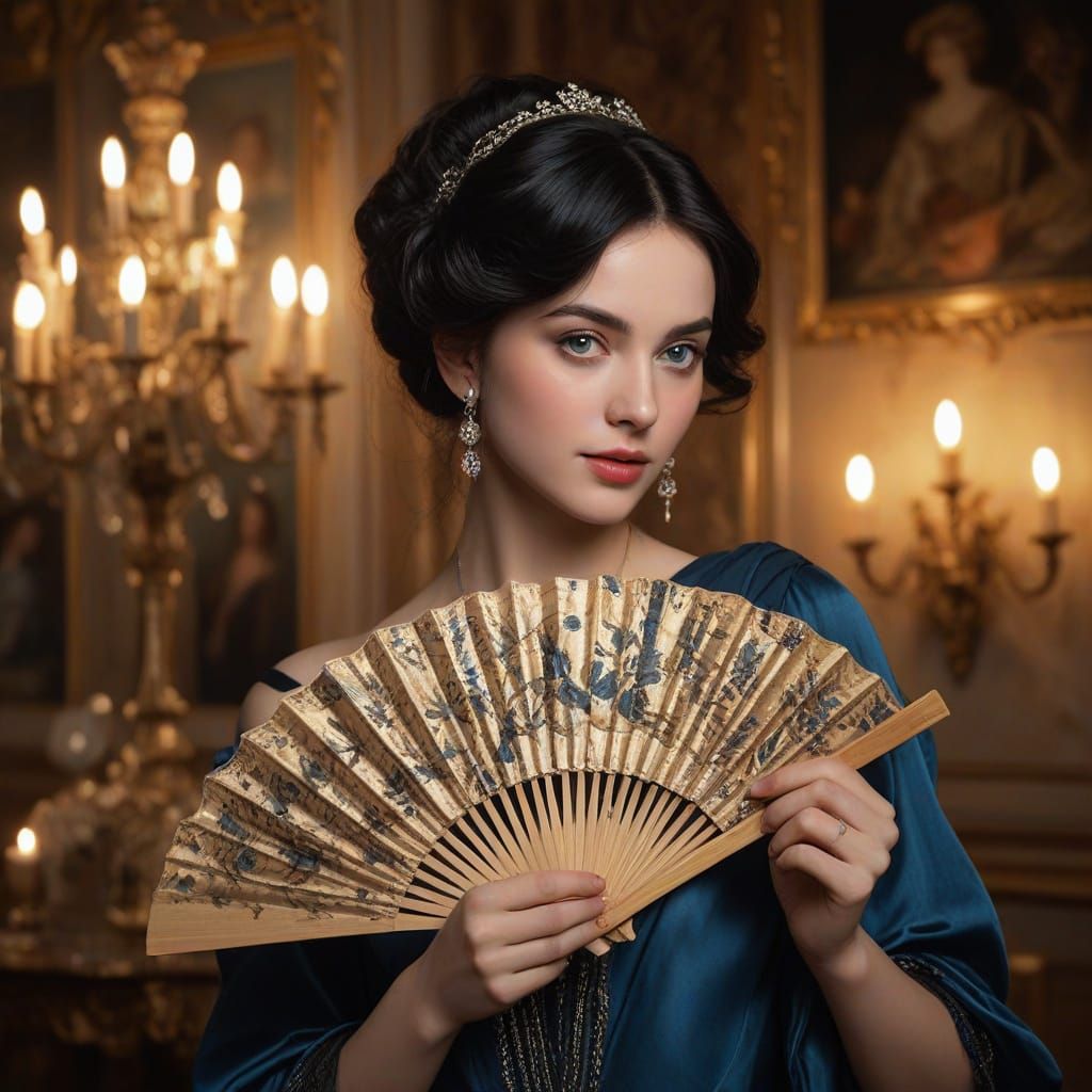 Regency Woman Flutters Fan in Ballroom Oil Painting