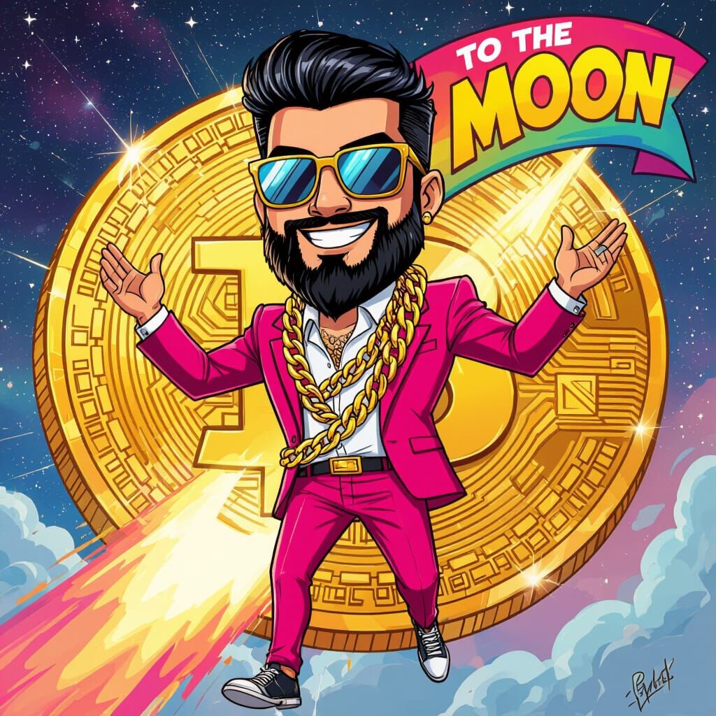 Cartoon Man Soaring Through Space on Bitcoin