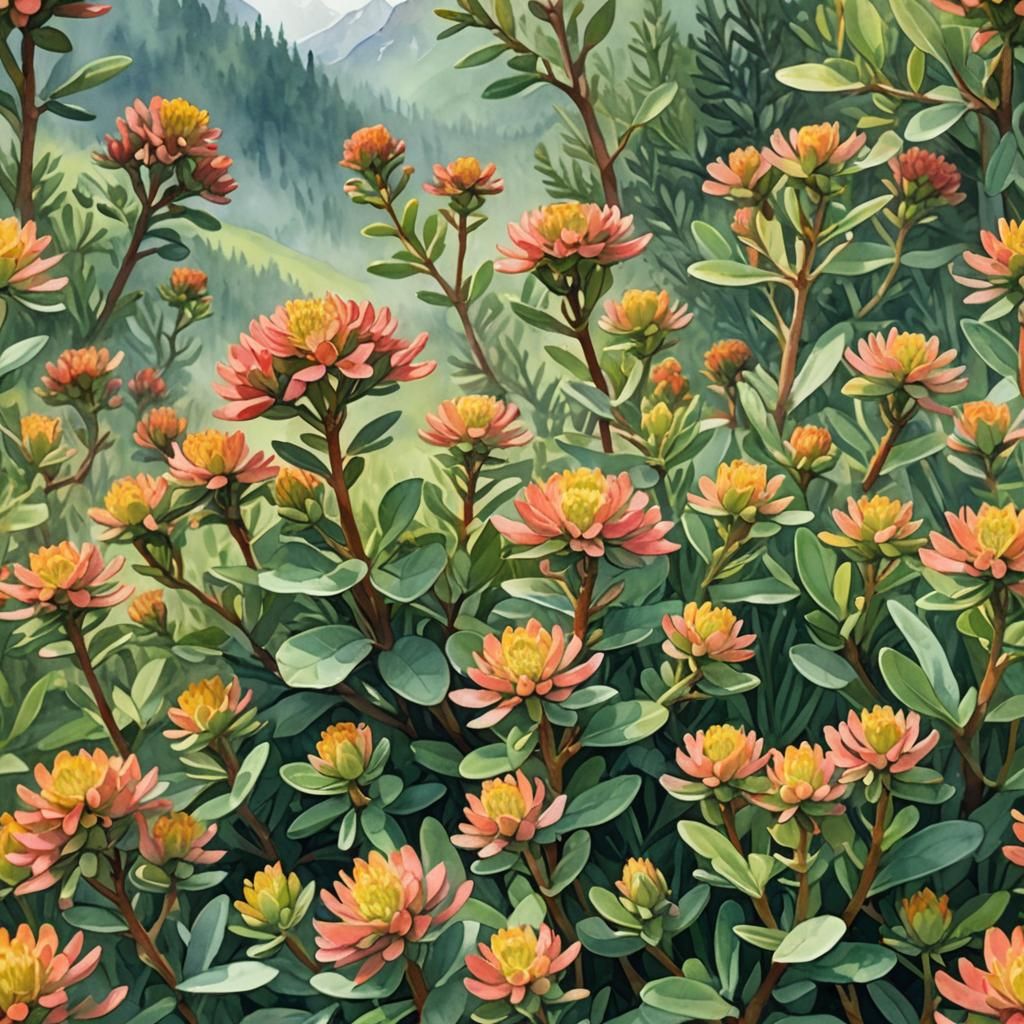 Rhodiola Plant in Alpine Meadow, Watercolor Style