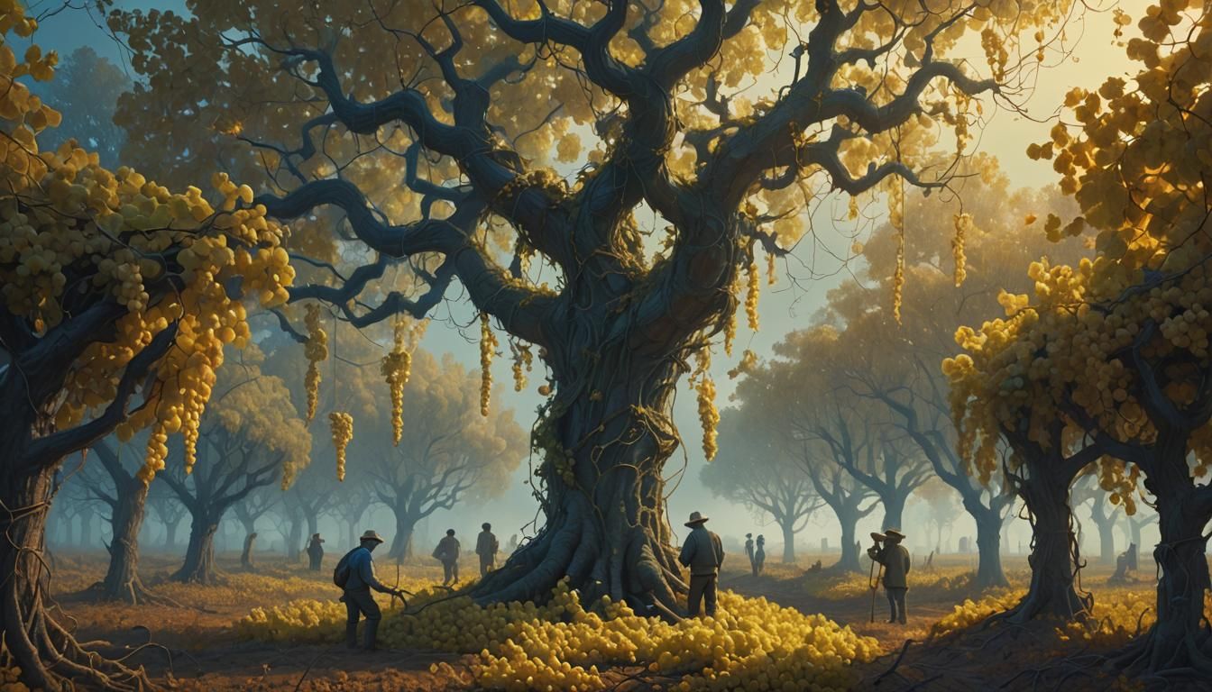 Golden Grape Harvest in Fantasy Landscape